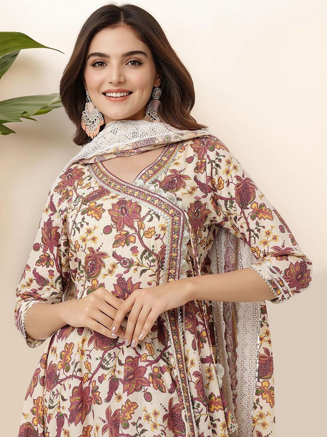 Graceful Cotton Off-white Floral Printed  Angrakha Kurta with Straight Bottom and Cotton Printed Dupatta