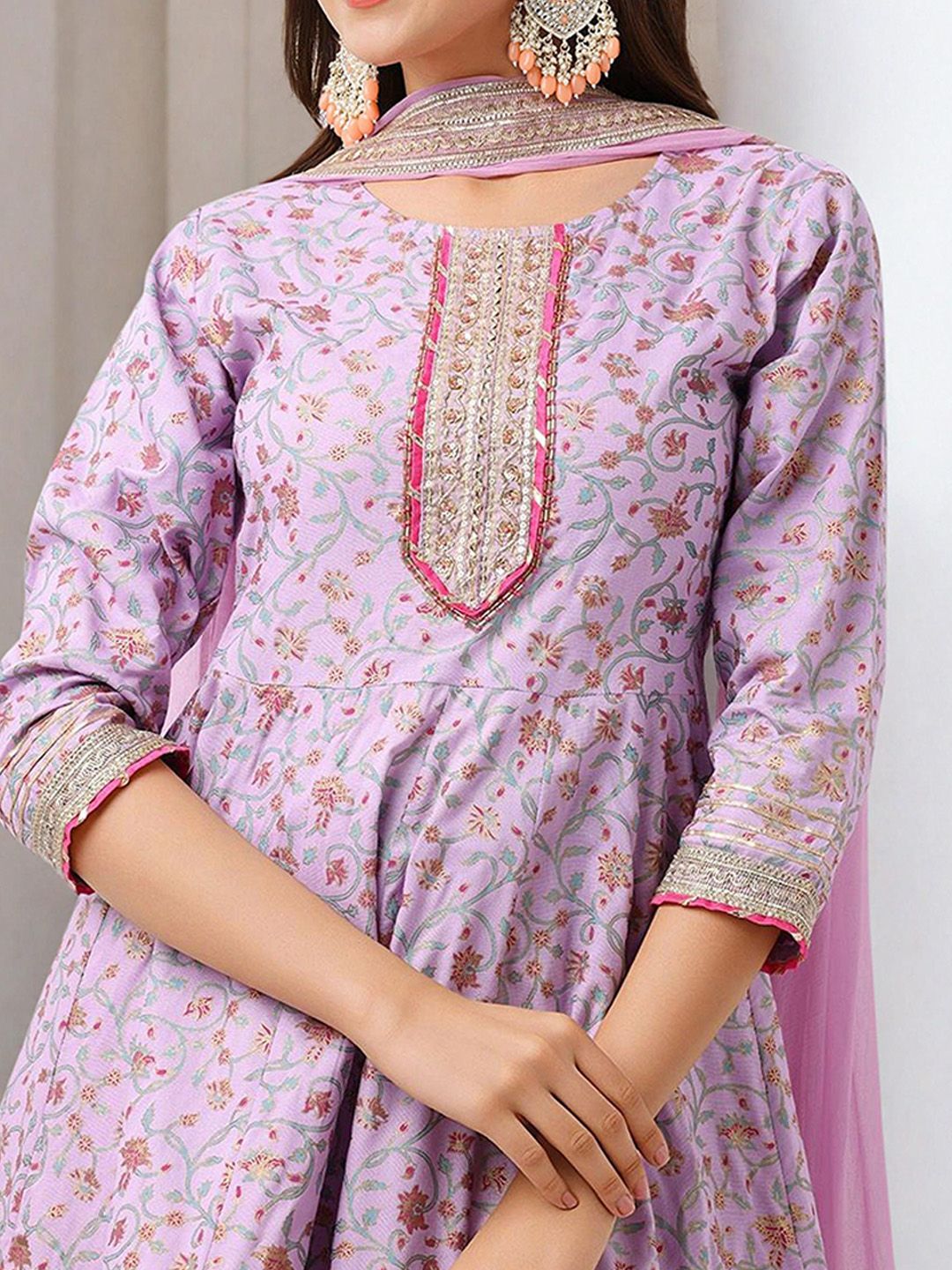 Rich Lilac Cotton Gotta Patti Anarkali Kurta Set With Sharara Bottom & Solid Cotton Dupatta