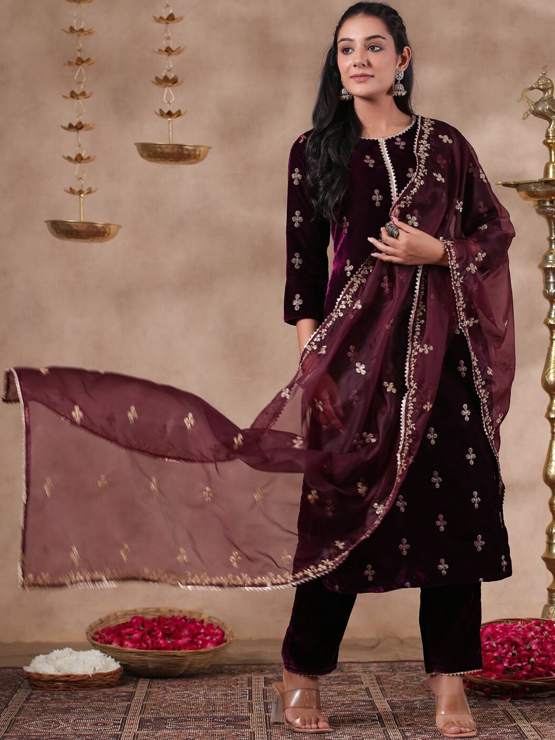 Rich Purple Velvet Zari Embroidered Kurta Set with Sheer Voile Butta Dupatta