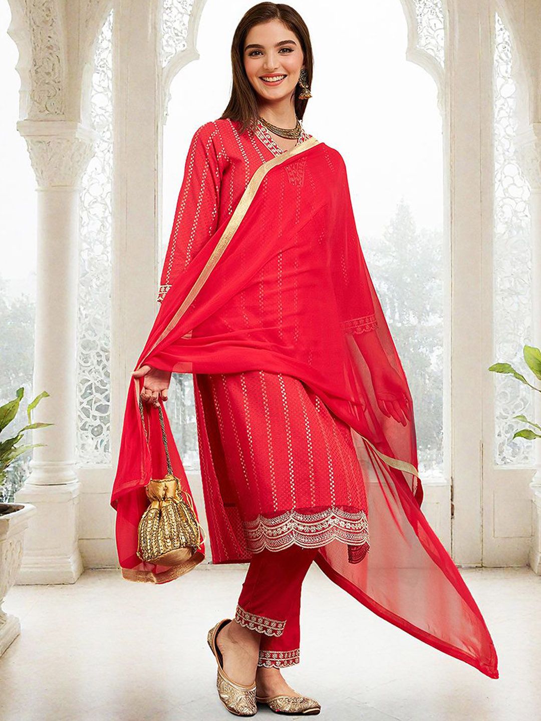 Rich Red Cotton Sequinned Straight Fit Kurta Set With Straight Bottom & Soft Solid Dupatta