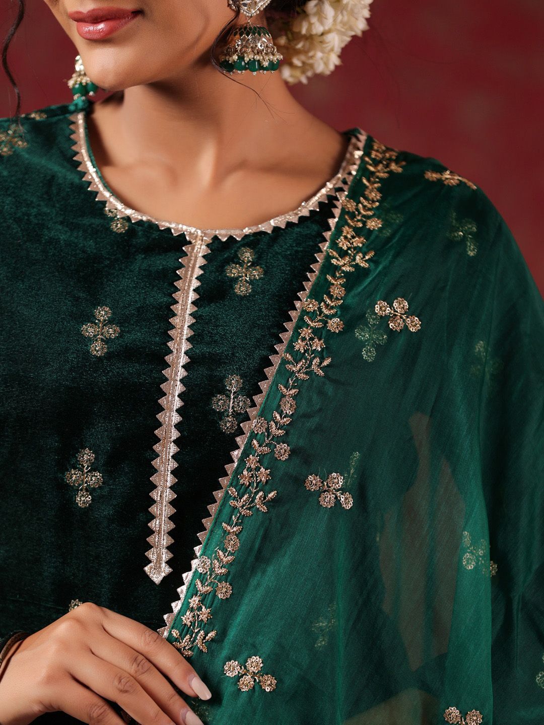 Rich Green Velvet Zari Embroidered Kurta Set with Sheer Voile Butta Dupatta