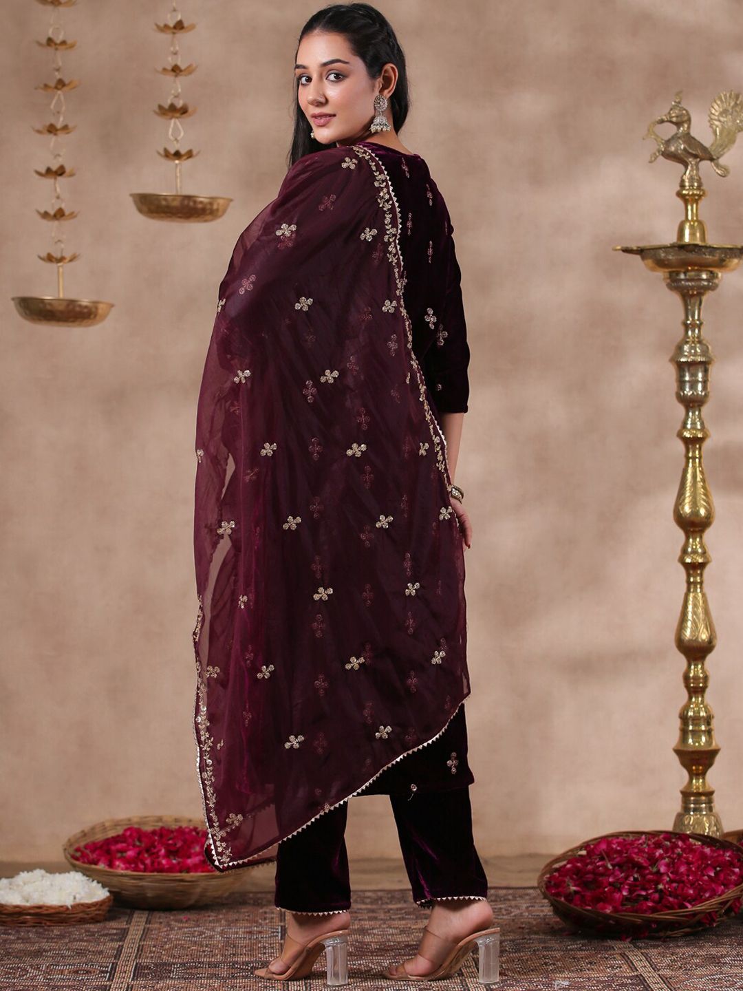 Rich Purple Velvet Zari Embroidered Kurta Set with Sheer Voile Butta Dupatta