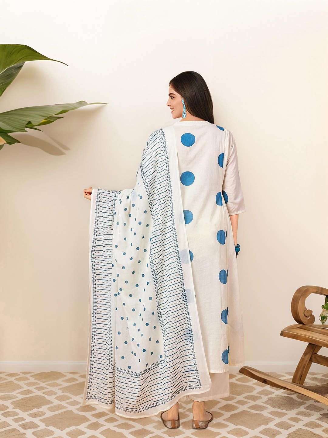 Soft Pure Cotton Blue and off white Polka Dot Printed A-Line Kurta Set with Straight Bottom and Cotton Dupatta