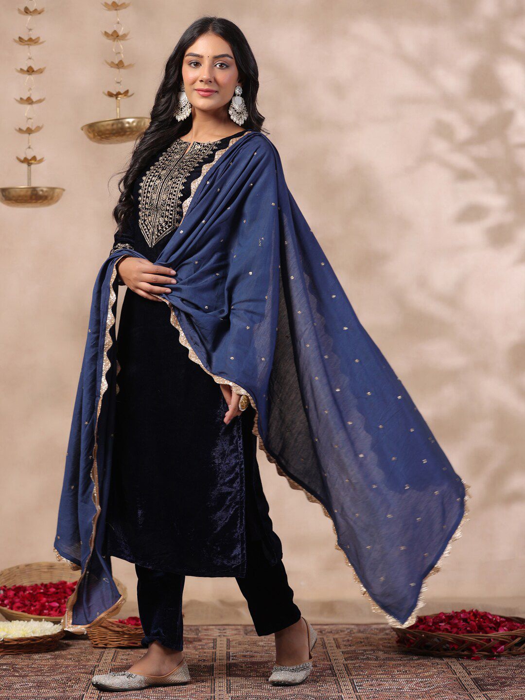 Navy Blue Velvet Zari Embroidered Kurta Set with Sheer Voile Scalloped Lace Dupatta