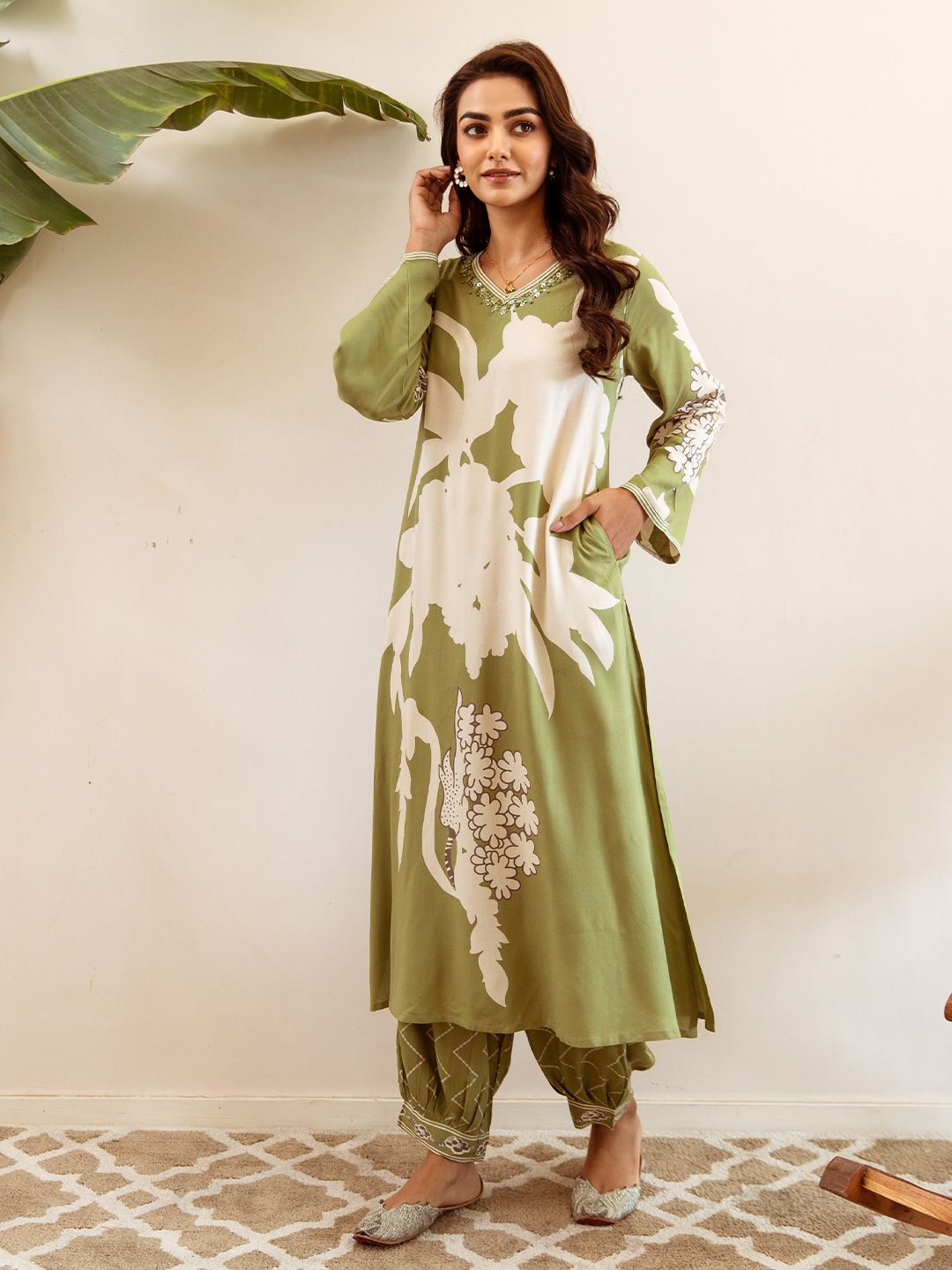 Soft Viscose Rayon Green Floral Printed A-Line Kurta Set with Afghani Bottom .