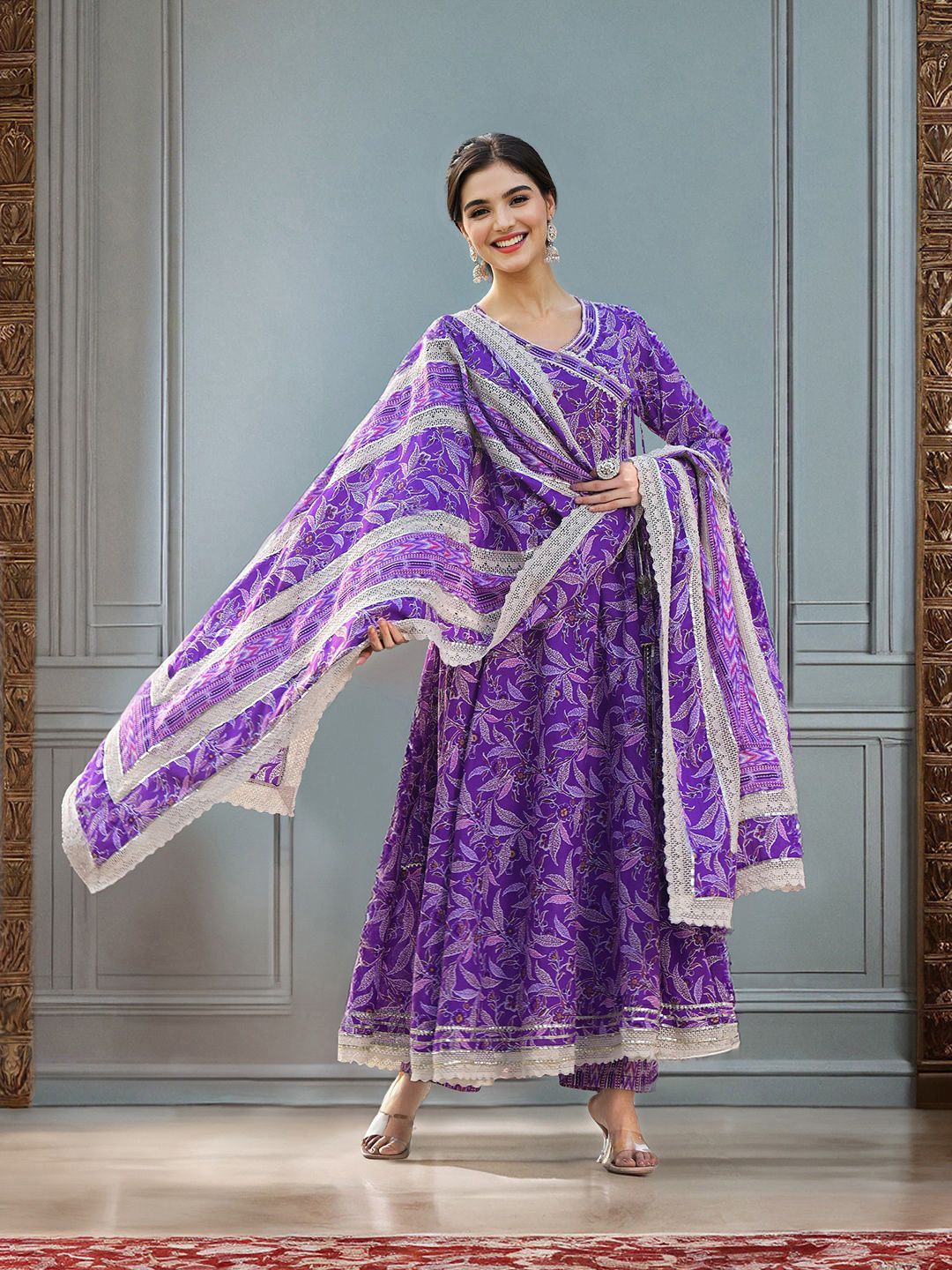 Graceful Cotton Purple Floral Printed  Angrakha Kurta with Straight Bottom and Cotton Printed Dupatta