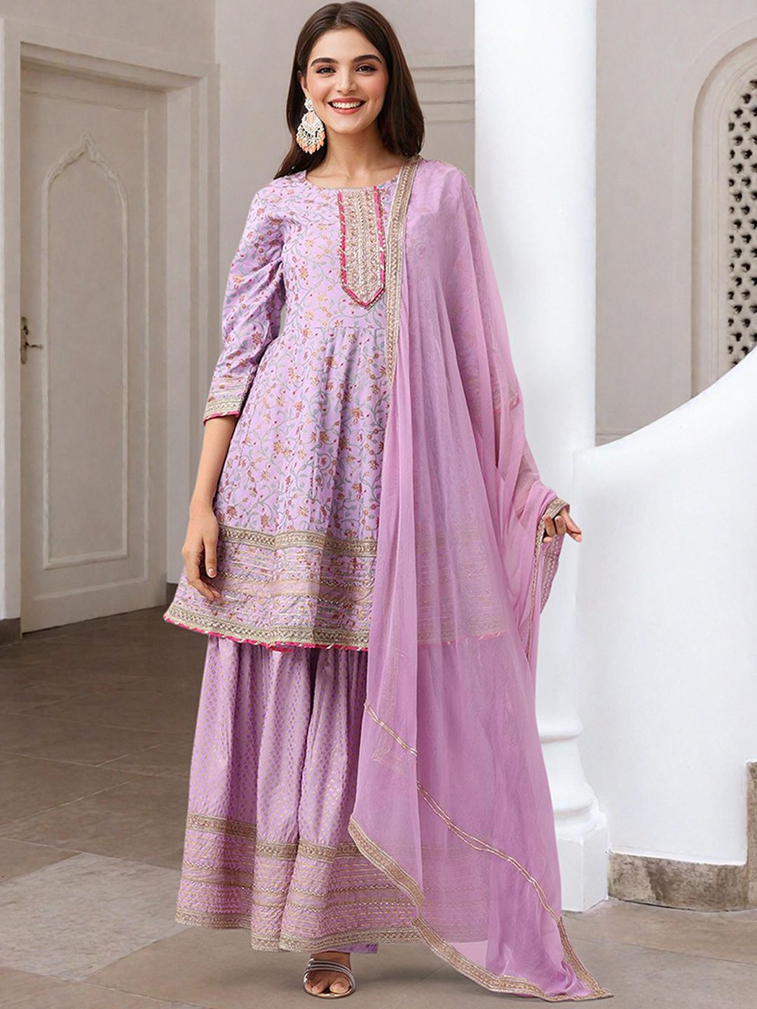 Rich Lilac Cotton Gotta Patti Anarkali Kurta Set With Sharara Bottom & Solid Cotton Dupatta