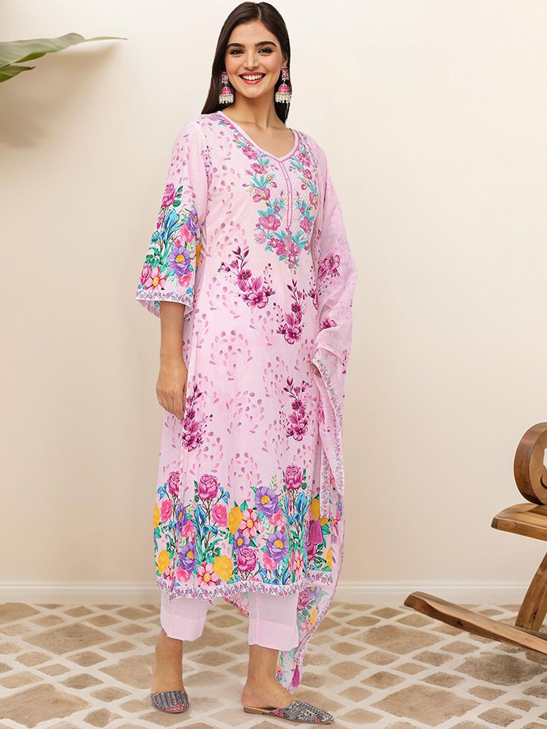 Comfy Pink Pure Cotton Floral Printed Kurta set with Straight Bottom and Flowy Dupatta