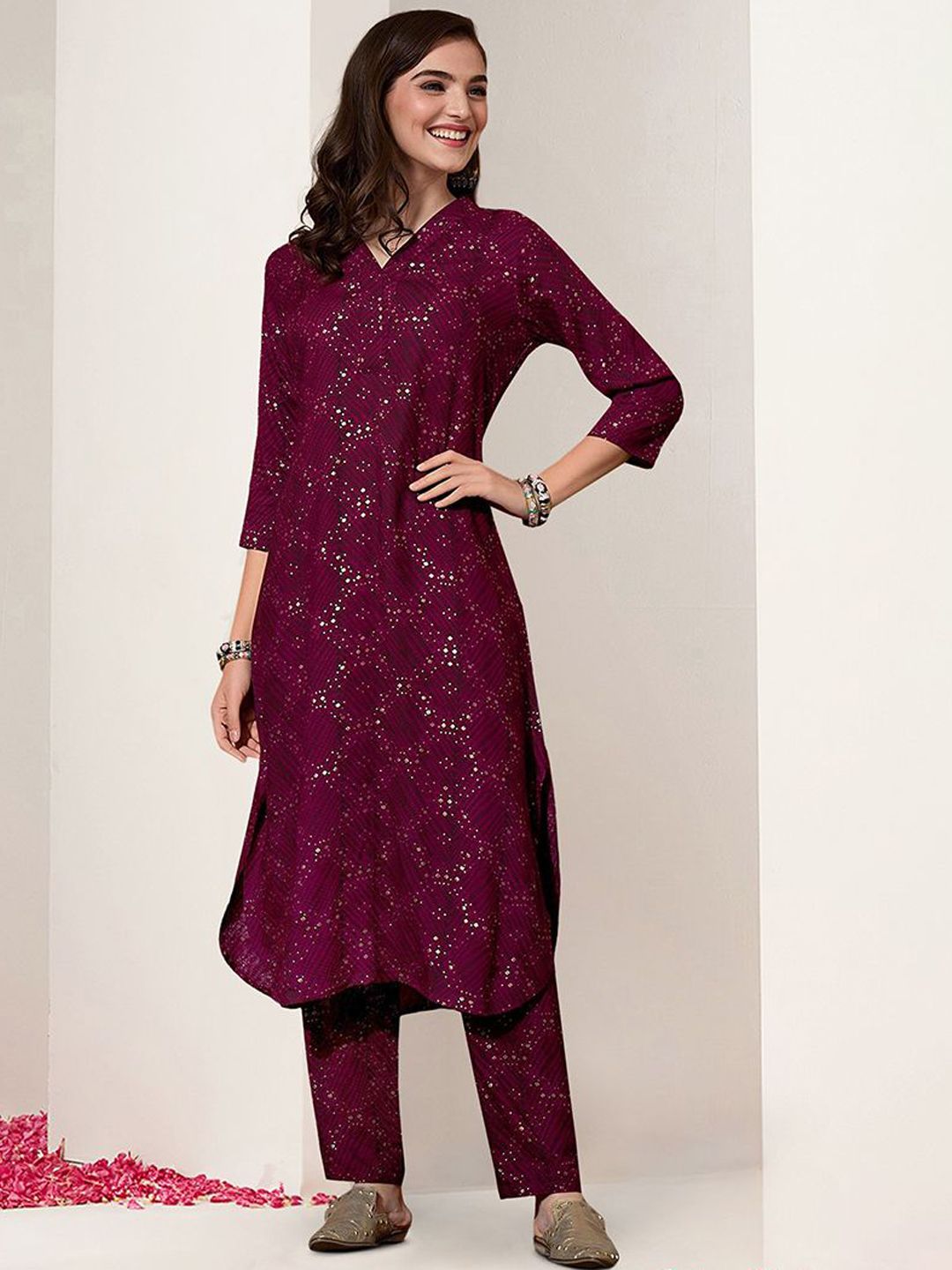 Rich Maroon Rayon Sequinned Straight Fit Kurta Set With Straight Bottom