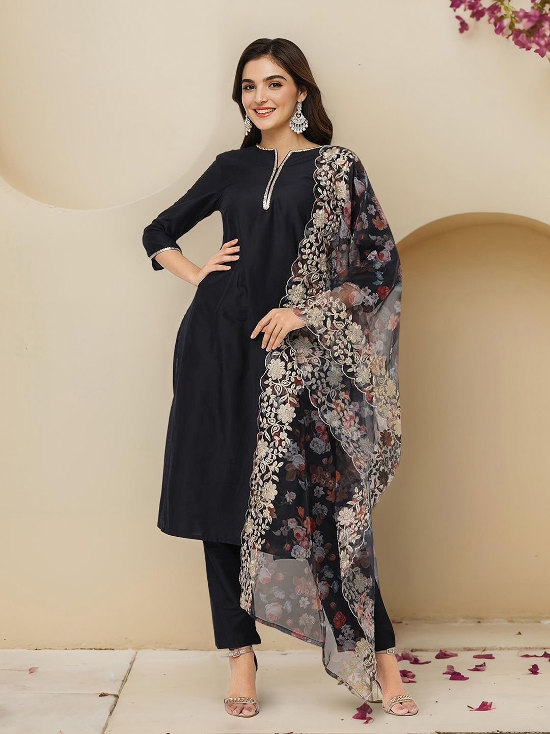 Rich Black Rayon Solid Kurta Set with Straight Bottom and Zari Embroidered Floral Organza Dupatta