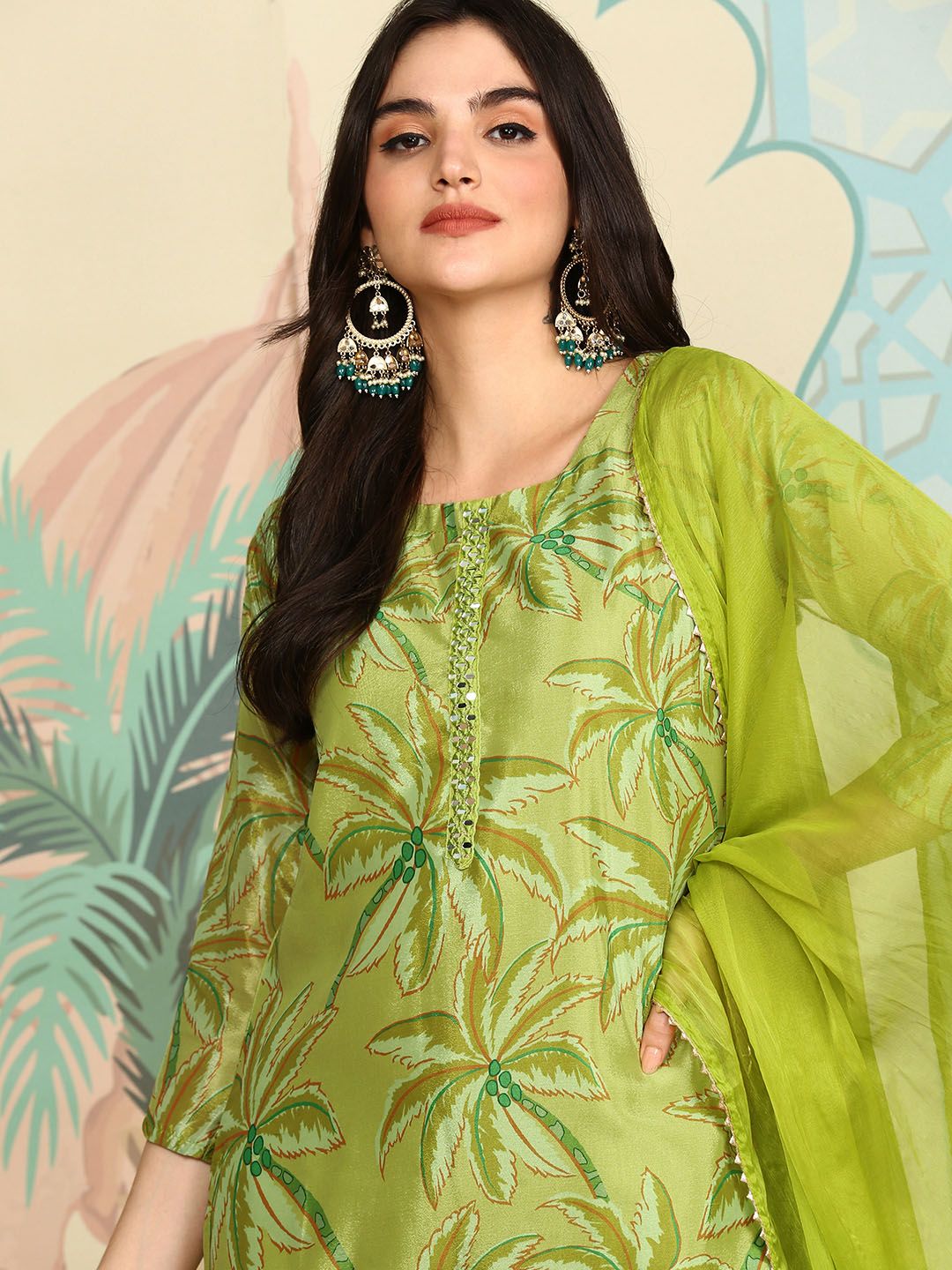 Soft Lime Green Printed Kurta Set with Straight Bottom and Sheer Dupatta