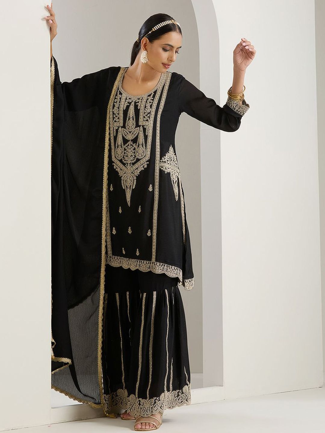 Rich Black Chinon Zari Embroidered Kurta Set with Sharara Bottom and Silk Blend Tassel Dupatta