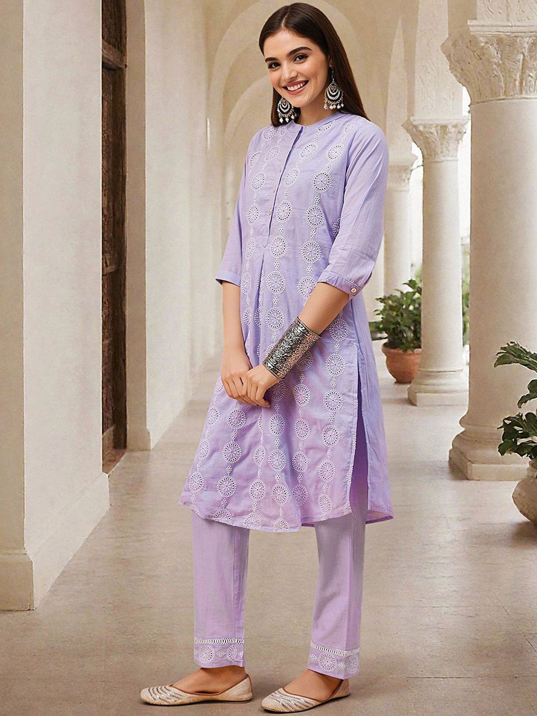 Comfy Lilac Cotton Embroidered Straight Fit Kurta Set With Straight Bottom