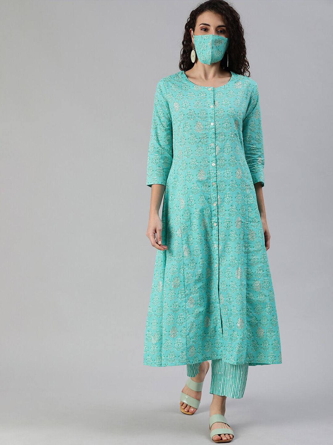 Comfy Turquoise Blue Cotton Ethnic Motif Printed A-Line Kurta Set with Straight Bottom