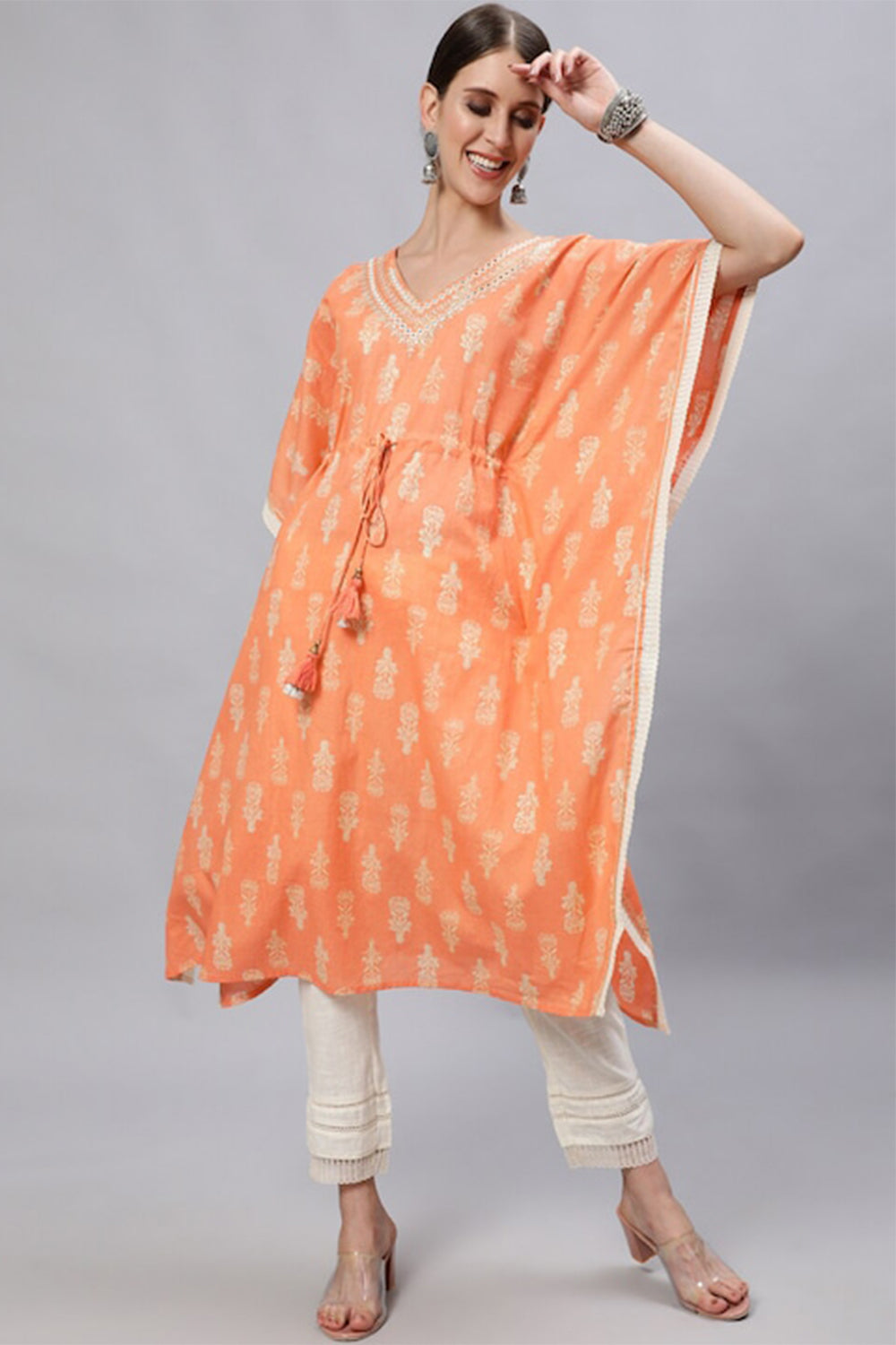 Ishin Women's Cotton Orange & White Kurta Set