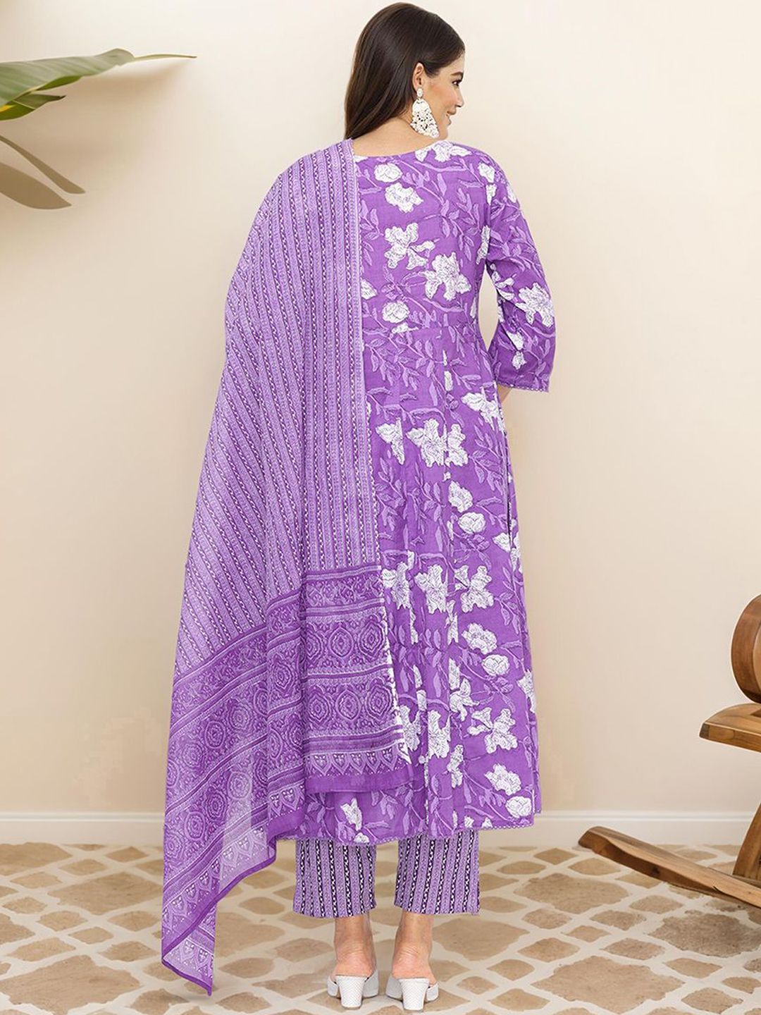 Soft Cotton Lavender Printed A-Line Kurta Set with Straight Bottom and Flowy Printed Cotton Dupatta