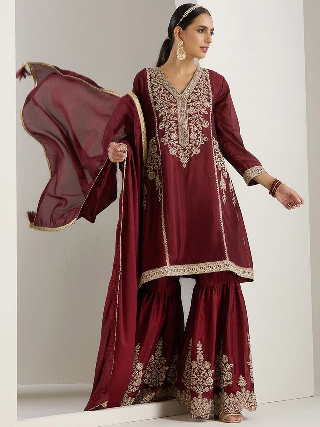 Rich Maroon Chinon Zari Embroidered Kurta Set with Sharara Bottom and Silk Blend Tassel Dupatta