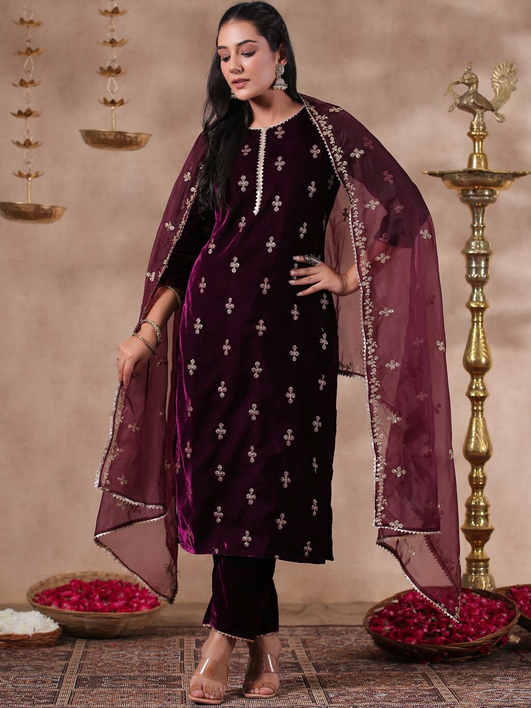 Rich Purple Velvet Zari Embroidered Kurta Set with Sheer Voile Butta Dupatta