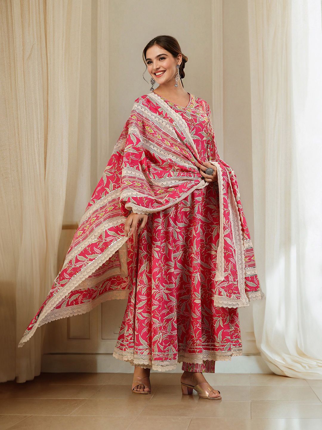 Graceful Cotton Pink Floral Printed  Angrakha Kurta with Straight Bottom and Cotton Printed Dupatta