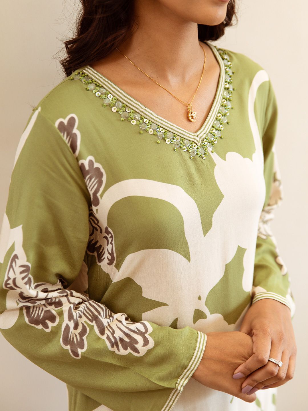 Soft Viscose Rayon Green Floral Printed A-Line Kurta Set with Afghani Bottom .