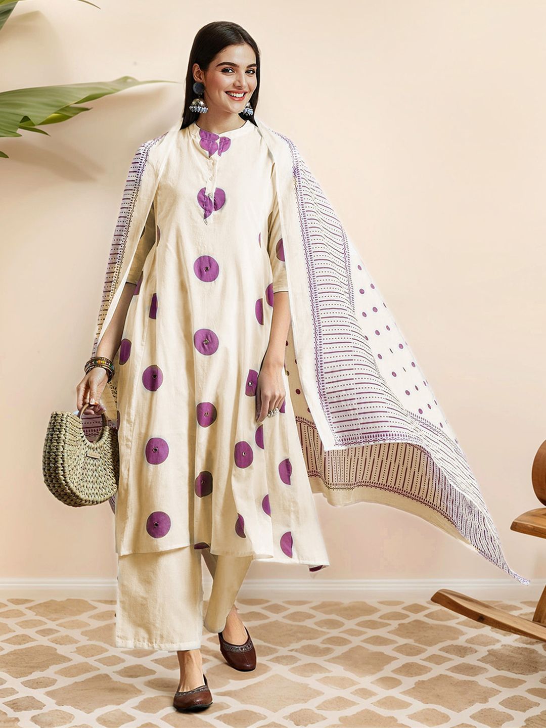 Soft Pure Cotton Lavender and off white Polka Dot Printed A-Line Kurta Set with Straight Bottom and Cotton Dupatta