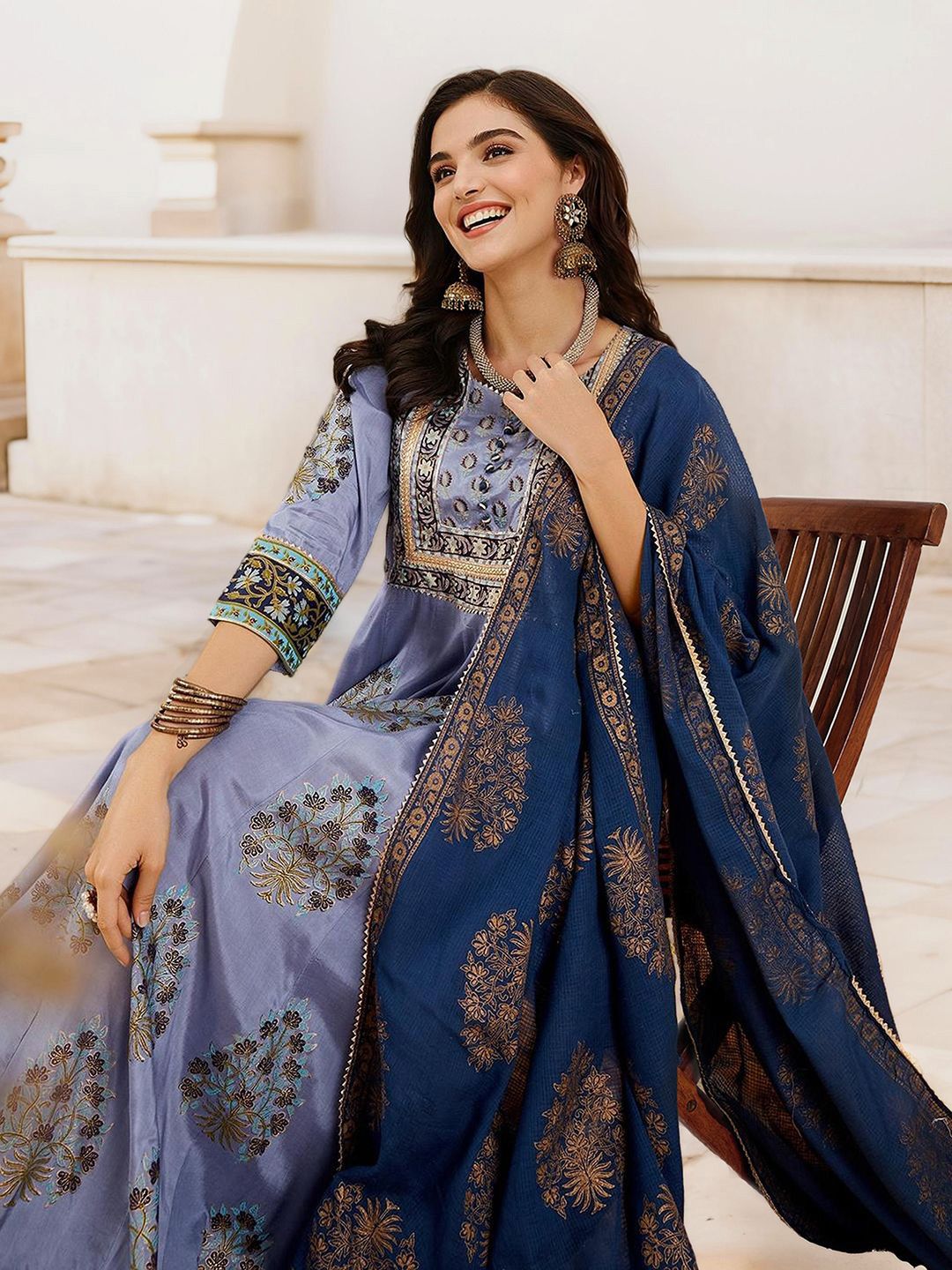 Rich Cotton Blue Ethnic Printed A-Line Dress with gold Foil Printed Dupatta