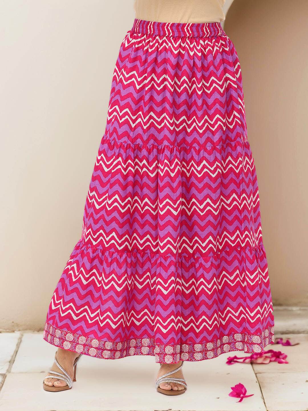 Comfy Pink Pure Cotton Floral Printed Kurta with Chevron Printed Skirt