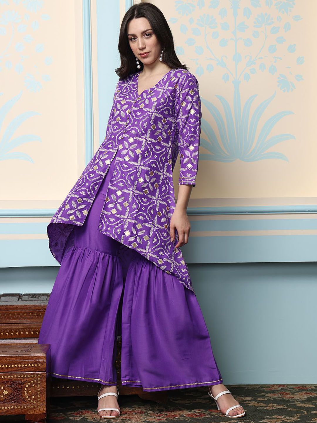 Rich Purple Cotton Geometric Printed A-Line Kurta Set with Sharara Bottom