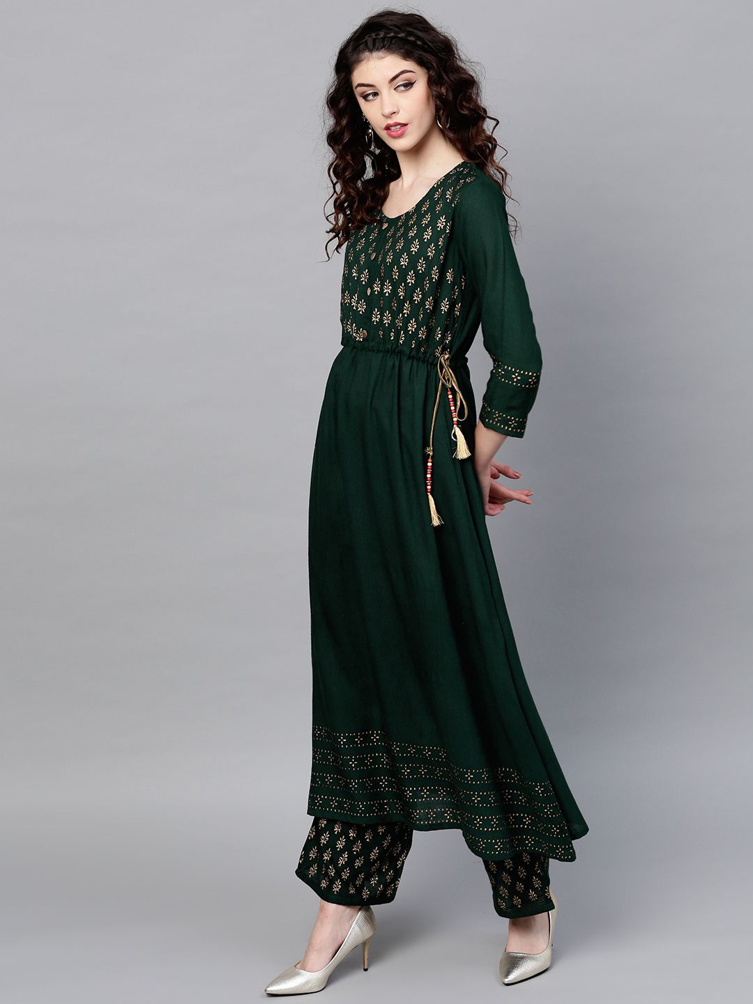 Comfy Green Cotton Printed A-Line Kurta Set with Palazzo Bottom and Side Tie-Up