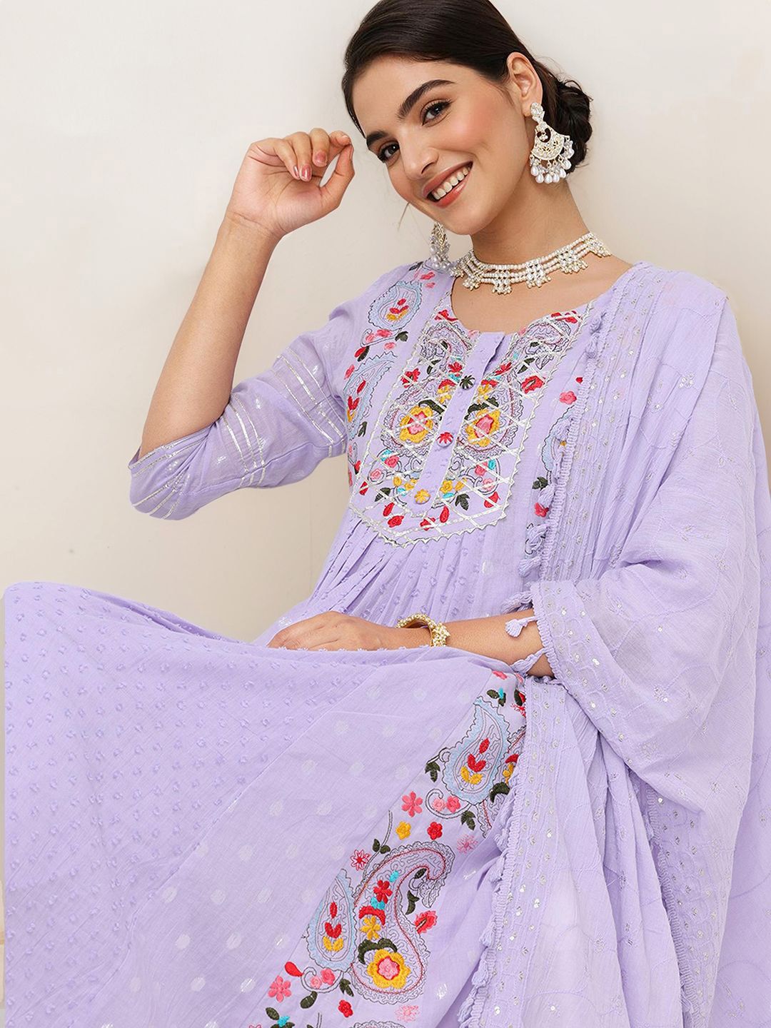 Graceful Pure Cotton Lavender Floral Embroidered  Anarkali Kurta Set with Straight Bottom and Soft Cotton Dupatta