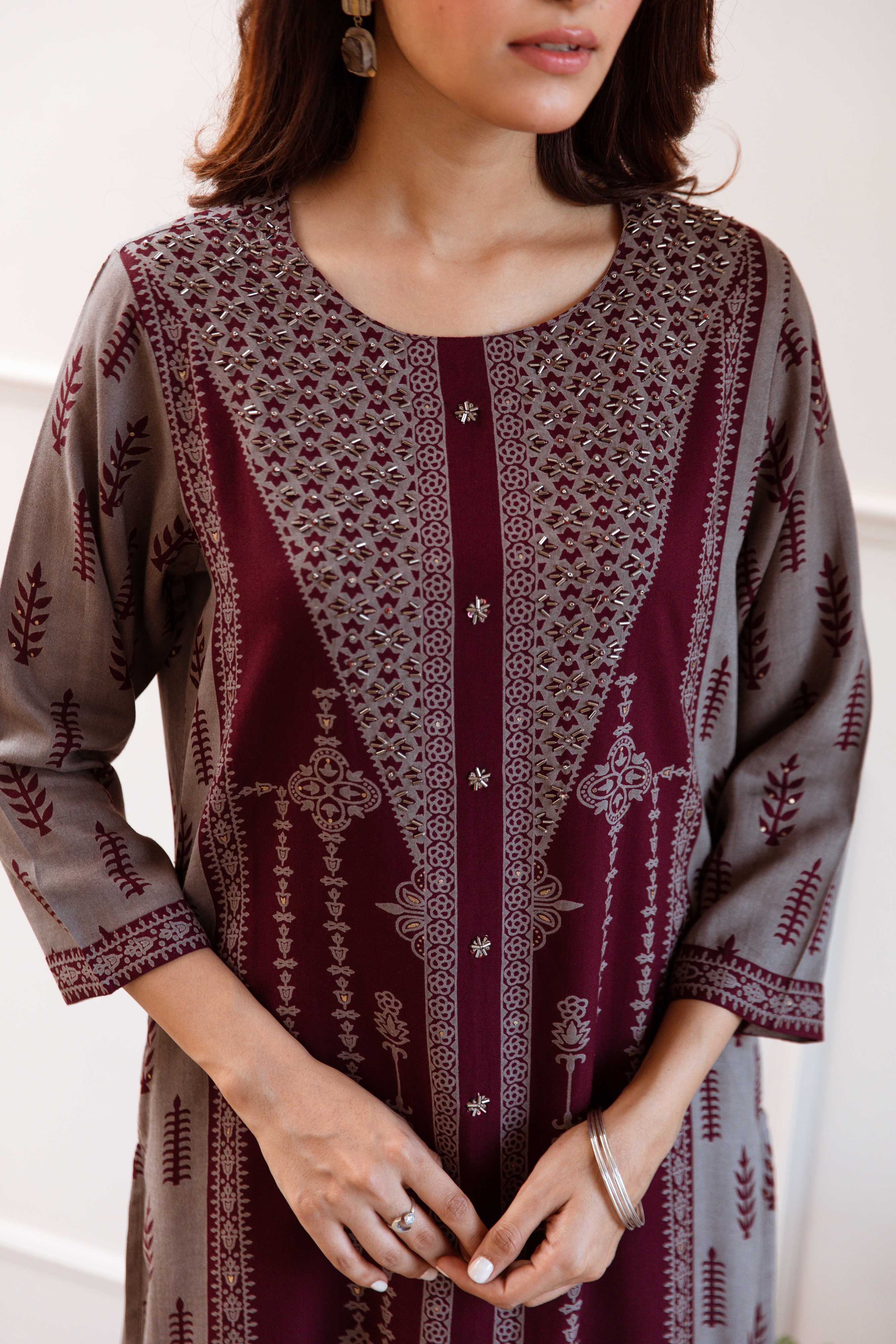 Comfy Maroon Rayon Bold Printed A-Line Kurta Set With Palazzo Bottom