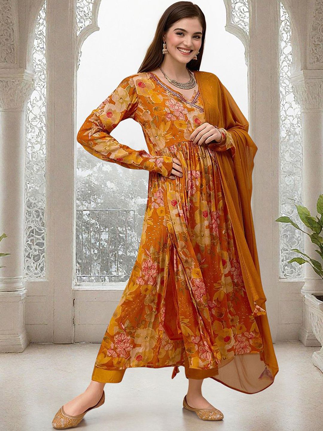 Soft Yellow Chinon Sequinned Printed  Angrakha Kurta Set With Straight Bottom & Solid Dupatta