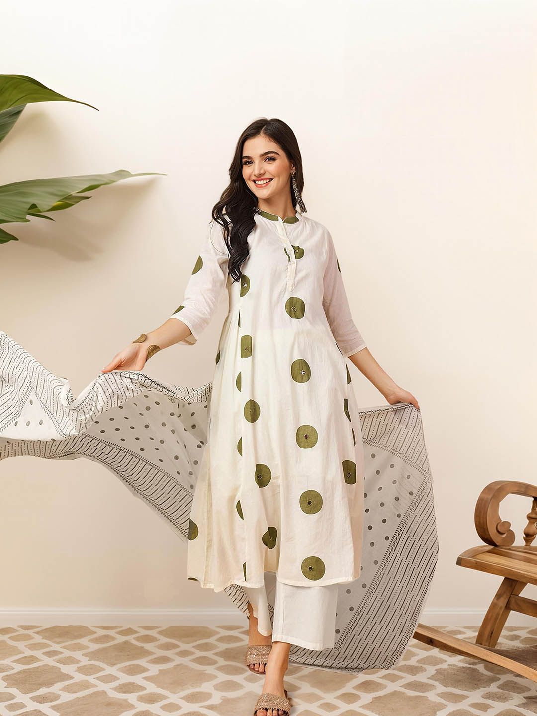 Soft Pure Cotton Olive and off white Polka Dot Printed A-Line Kurta Set with Straight Bottom and Cotton Dupatta