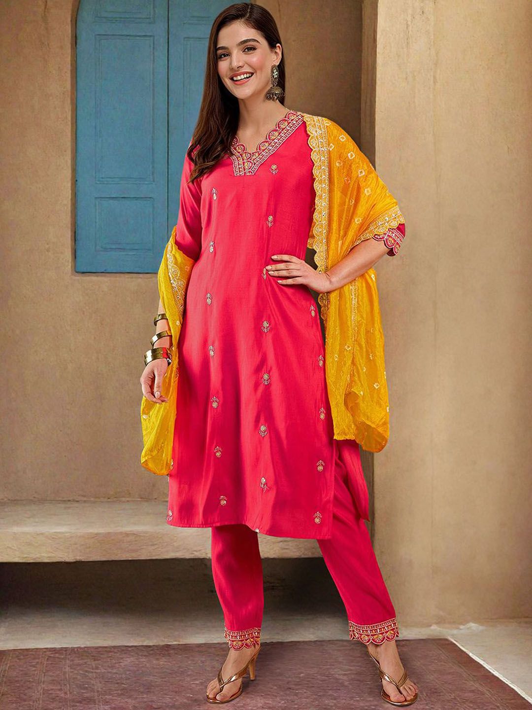 Rich Red Silk Embroidered Straight Fit Kurta Set With Straight Bottom & Sheer Bandini Silk Dupatta