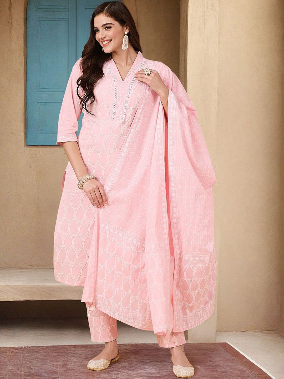 Comfy Pink Cotton Embroidered A-Line Kurta Set With Straight Bottom & Tassel Detailed Dupatta