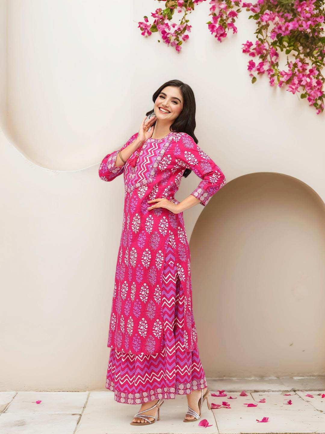 Comfy Pink Pure Cotton Floral Printed Kurta with Chevron Printed Skirt