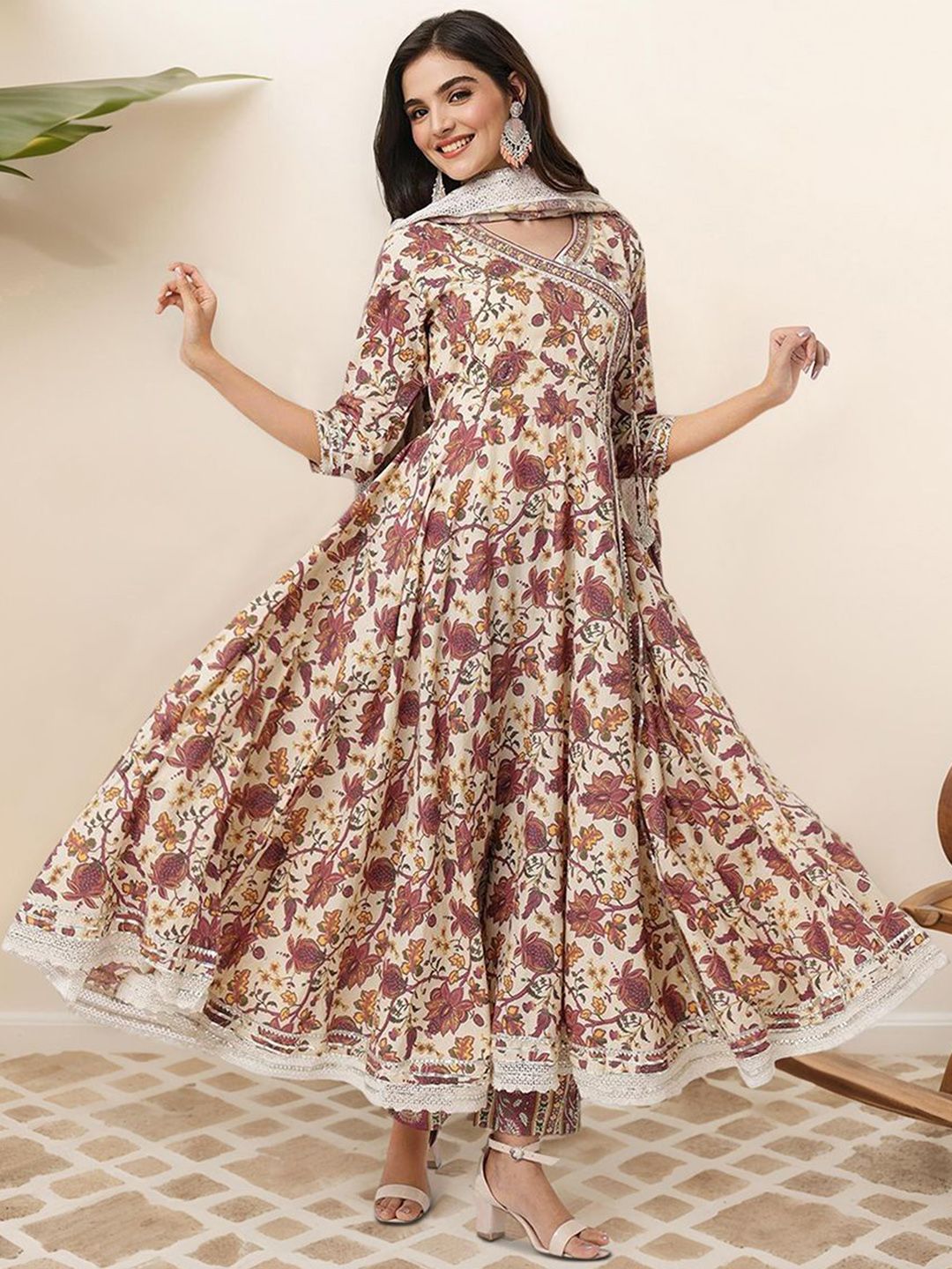 Graceful Cotton Off-white Floral Printed  Angrakha Kurta with Straight Bottom and Cotton Printed Dupatta