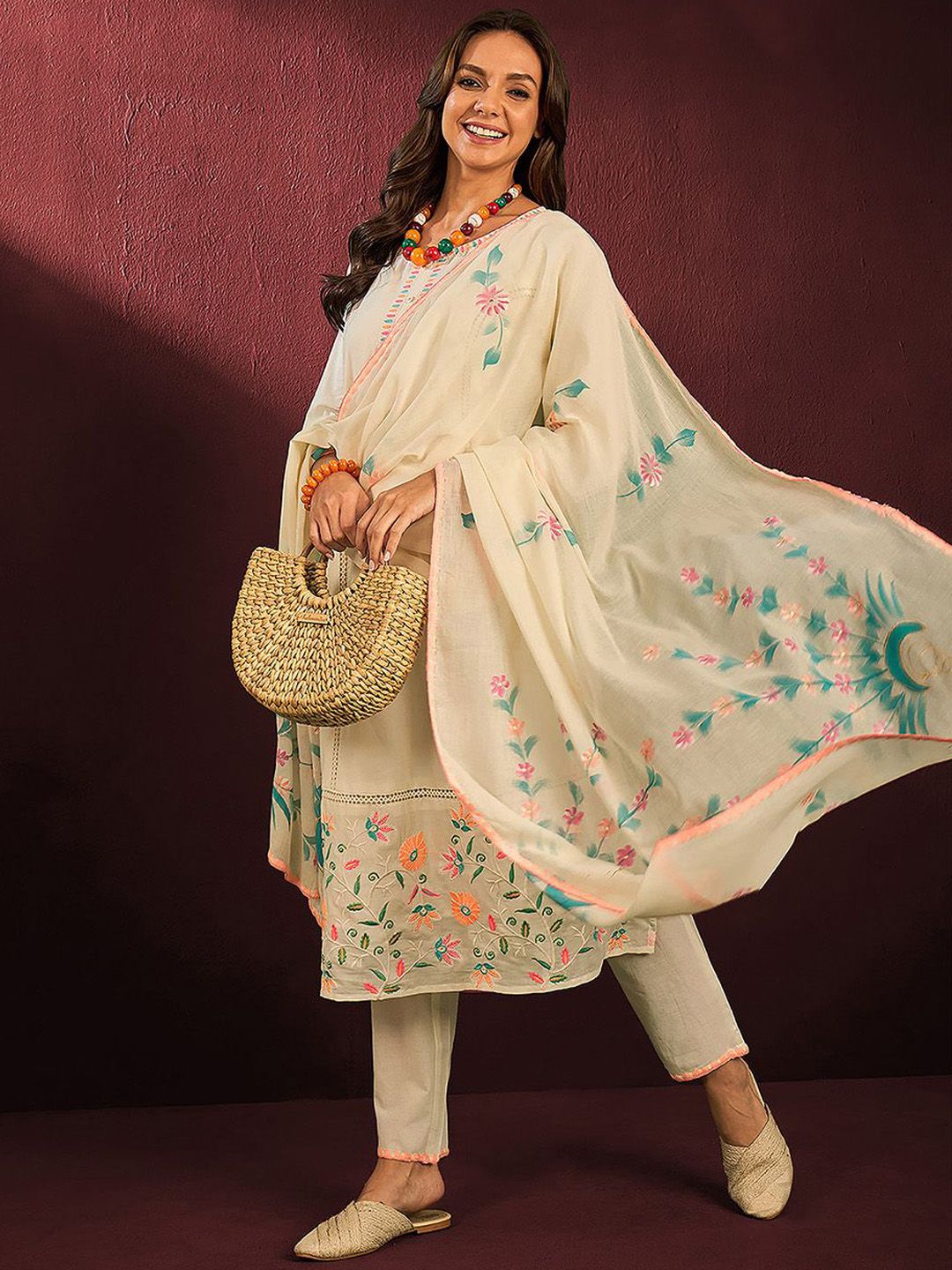 Graceful Cotton Off-white Floral Printed  Angrakha Kurta with Straight Bottom and Cotton Printed Dupatta