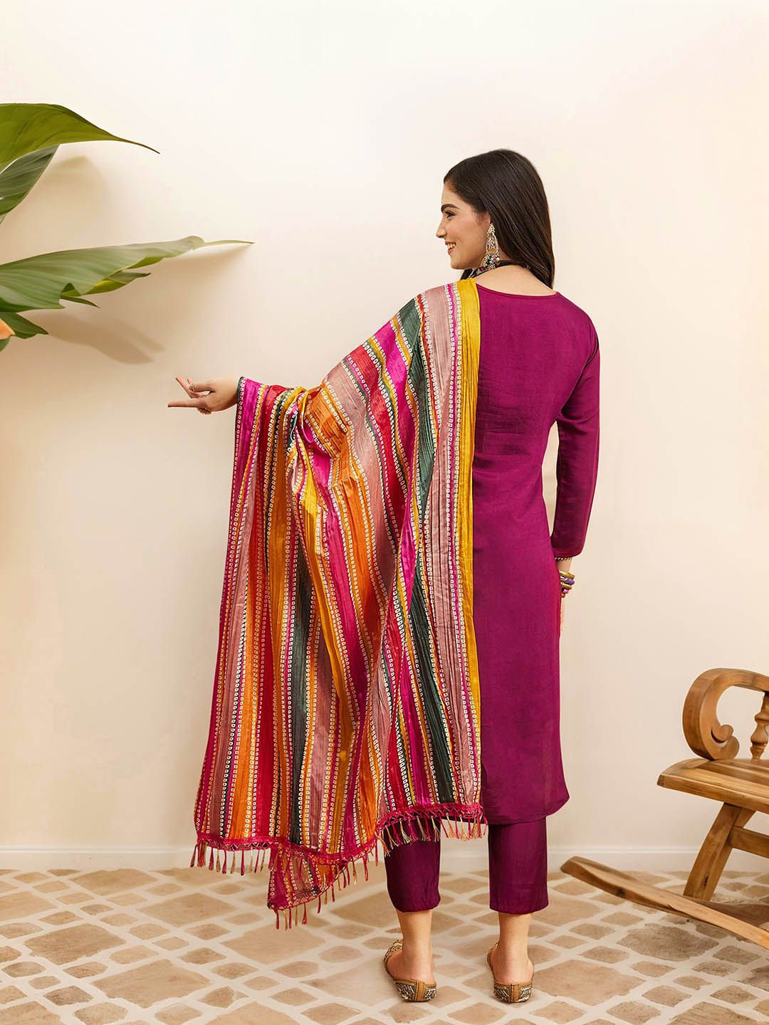 Rich Purple Pure Cotton Zari Embroidered Kurta Set with Straight Bottom and Cotton Printed Tassel Dupatta