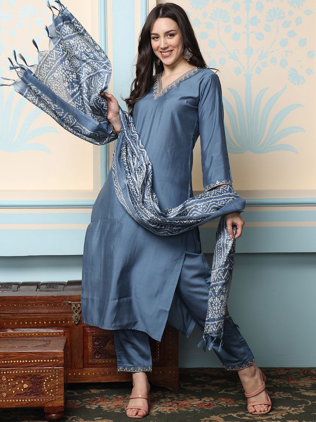 Grey Art Silk Zari Embroidered Kurta Set with Straight Bottom and Flowy Bandhani Printed Dupatta and Tassels