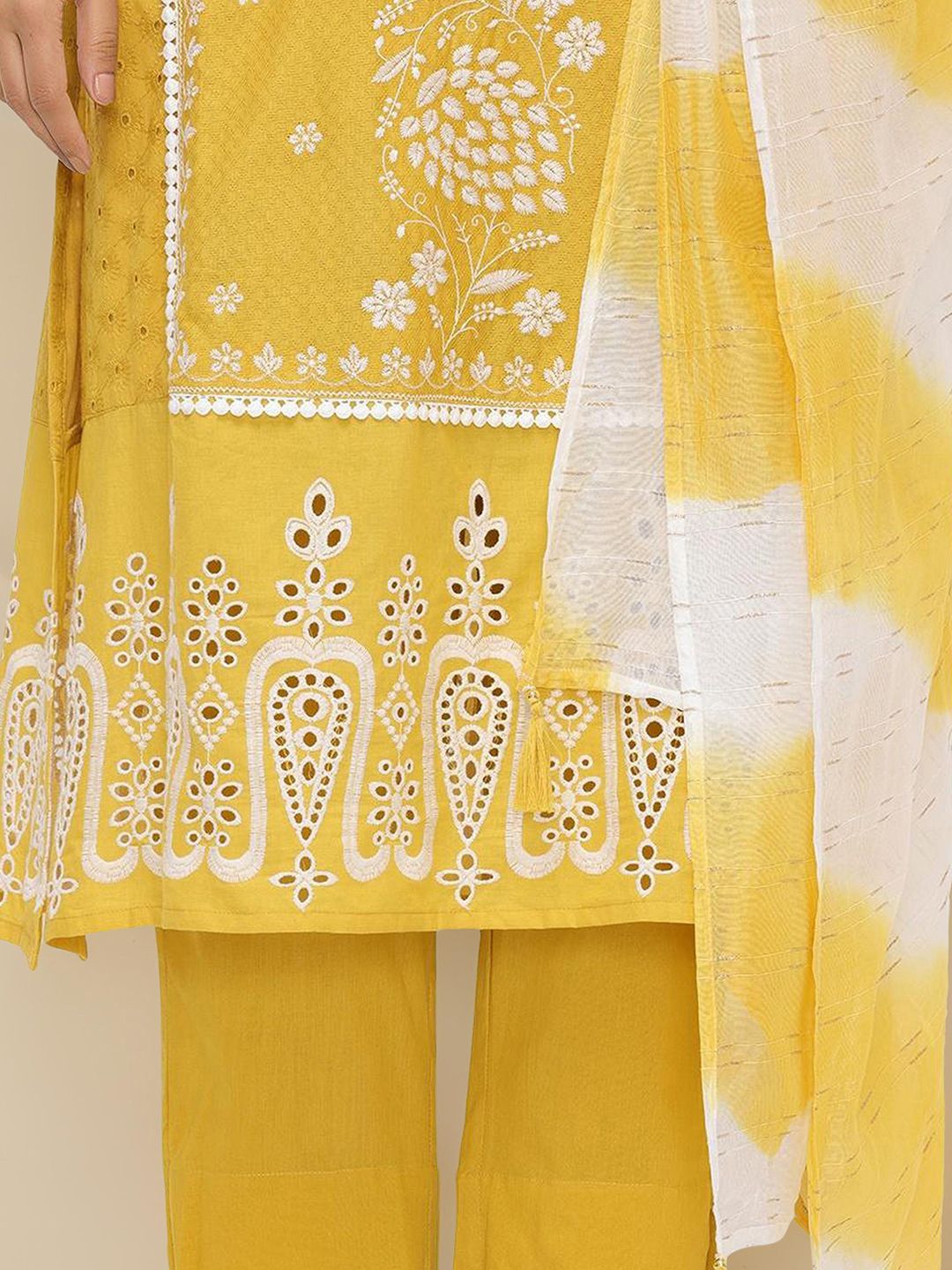 Comfy Mustard Pure Cotton Embroidered Kurta Set with Straight Bottom and Sheer Dyed Chiffon Dupatta