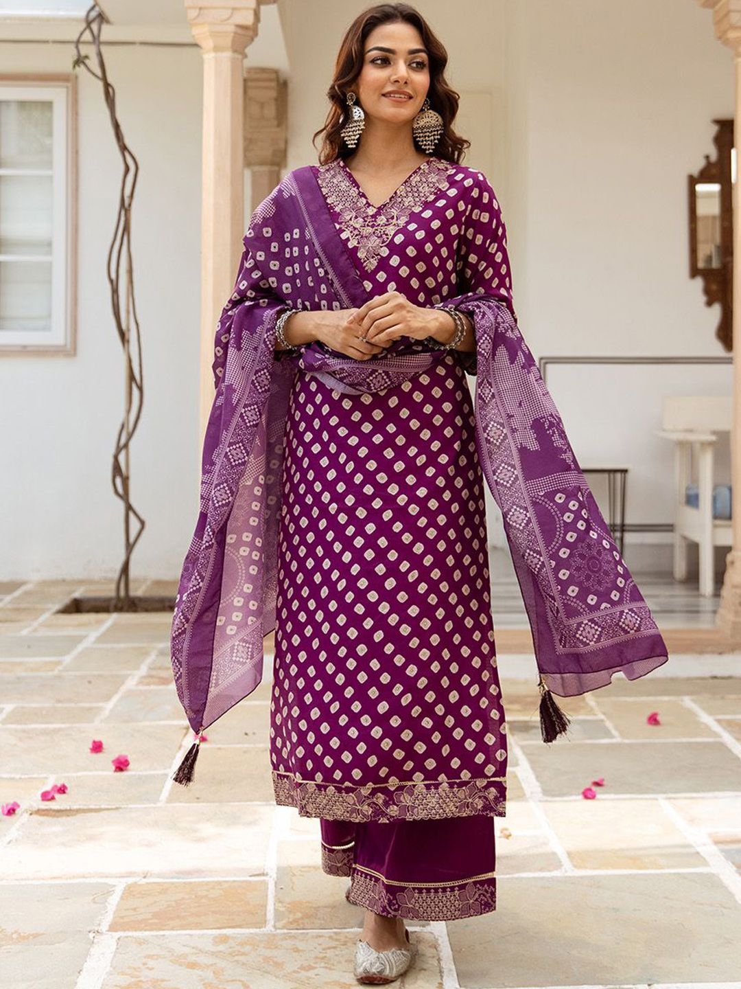 Rich Purple Bead Embroidered Straight Fit Kurta Set With Straight Bottom & Soft Printed Dupatta