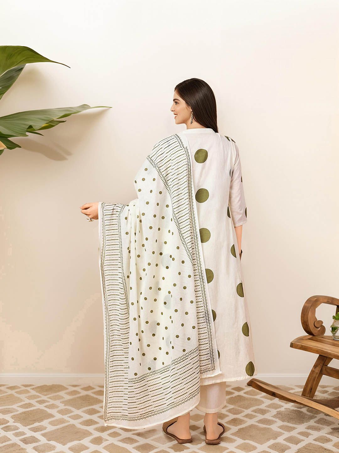 Soft Pure Cotton Olive and off white Polka Dot Printed A-Line Kurta Set with Straight Bottom and Cotton Dupatta