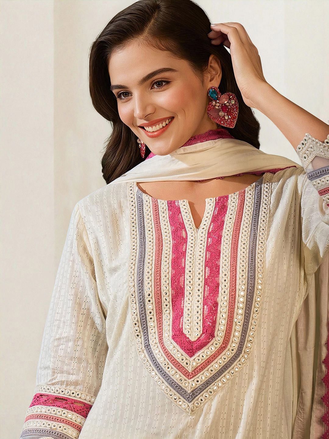 Rich Off-White Cotton Embroidered A-Line Kurta Set With Straight Bottom & Laced Cotton Dupatta