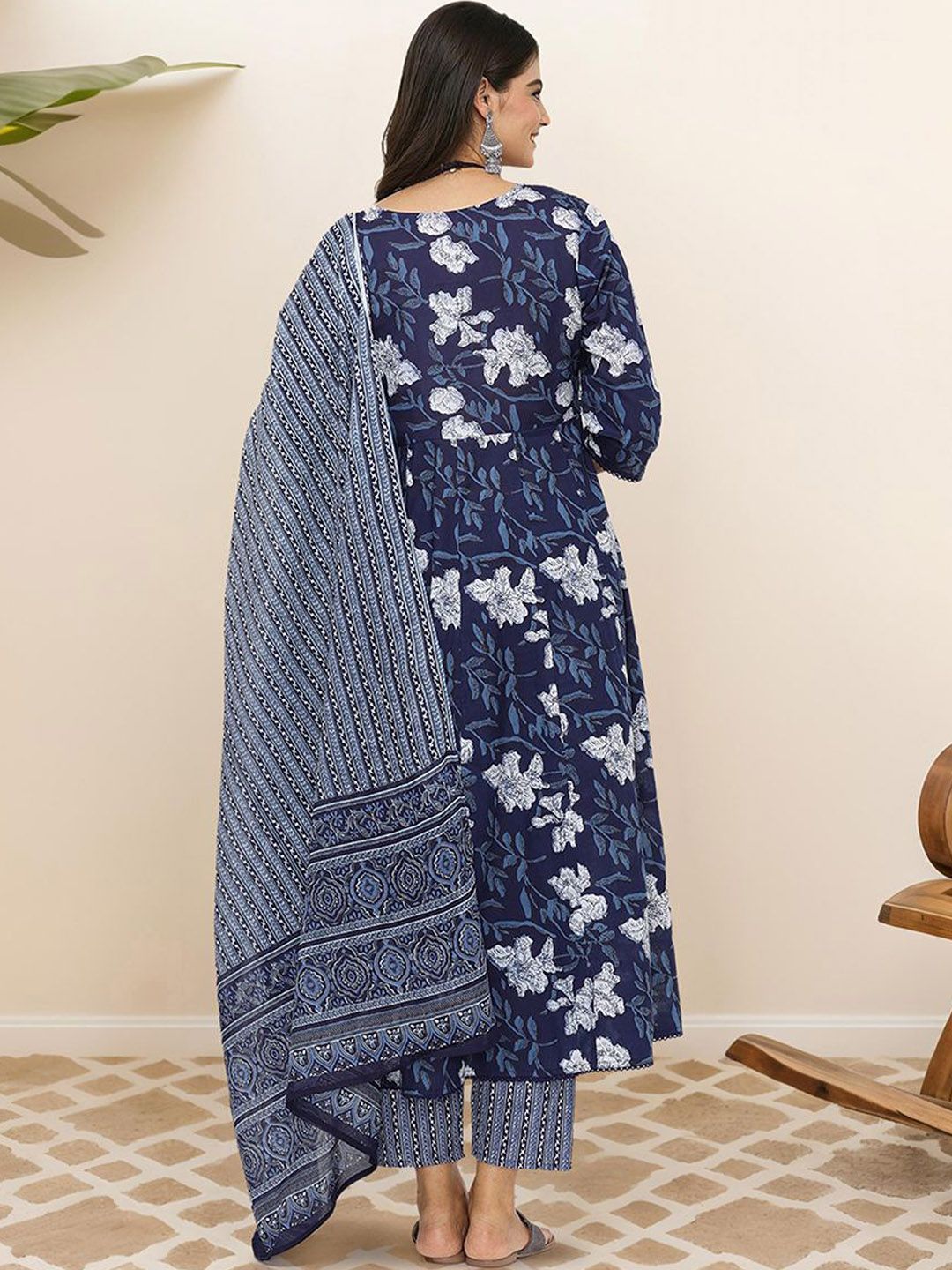 Soft Cotton Navy Blue Printed A-Line Kurta Set with Straight Bottom and Flowy Printed Cotton Dupatta