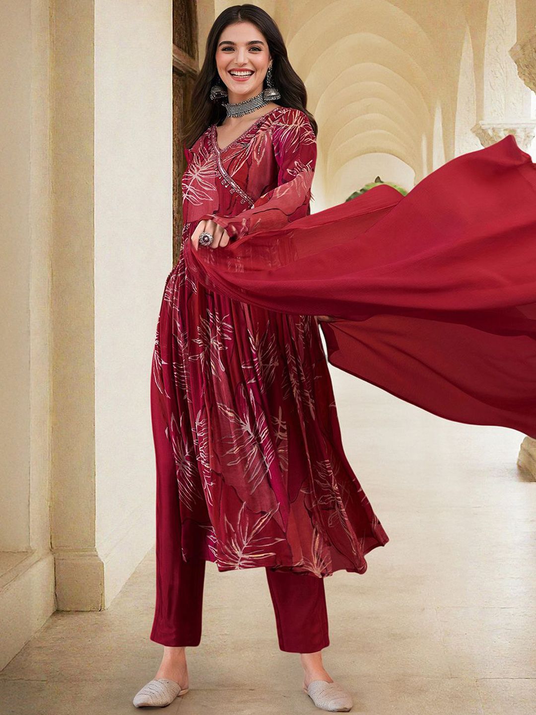 Soft Red Chinon Sequinned Printed Angrakha Kurta Set With Straight Bottom & Solid Dupatta