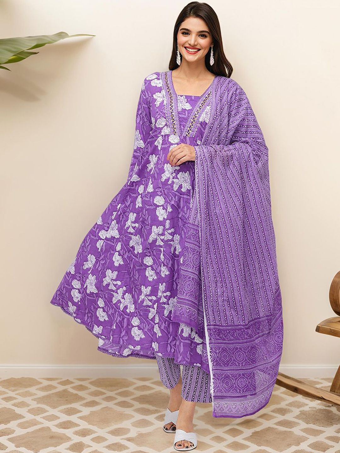 Soft Cotton Lavender Printed A-Line Kurta Set with Straight Bottom and Flowy Printed Cotton Dupatta