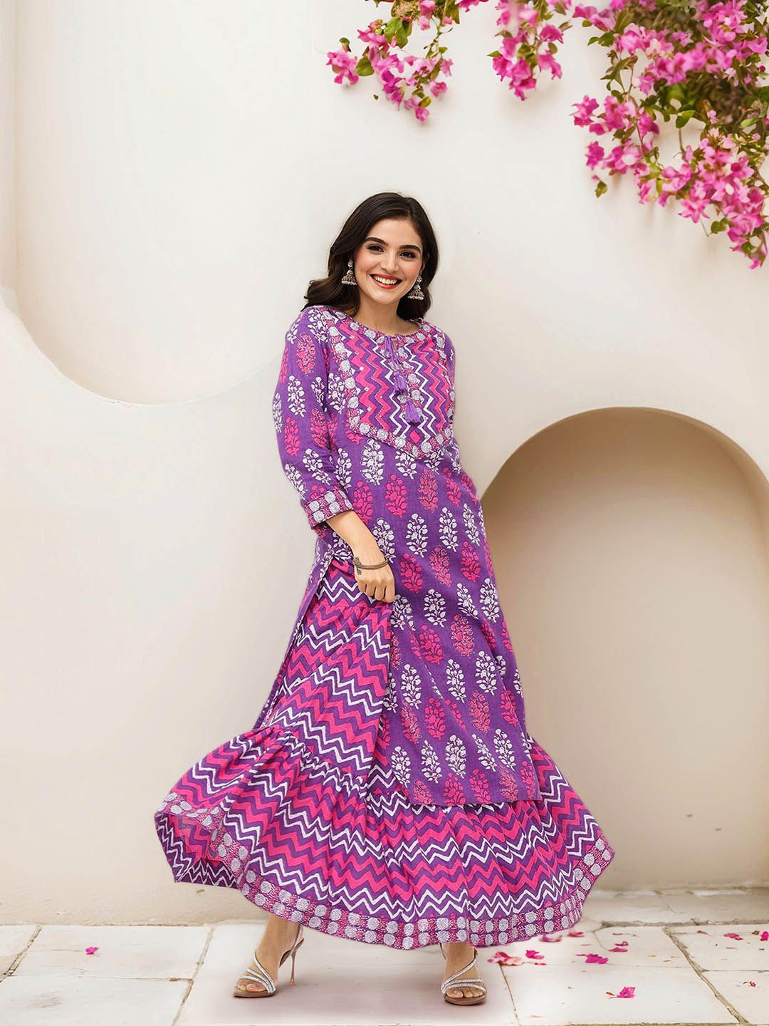 Soft Pure Cotton Lavender and off white Polka Dot Printed A-Line Kurta Set with Straight Bottom and Cotton Dupatta