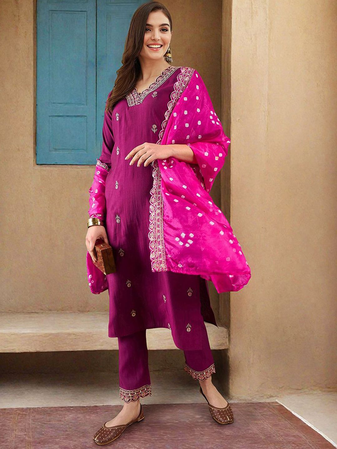 Rich Purple Silk Embroidered Straight Fit Kurta Set With Straight Bottom & Sheer Bandini Silk Dupatta