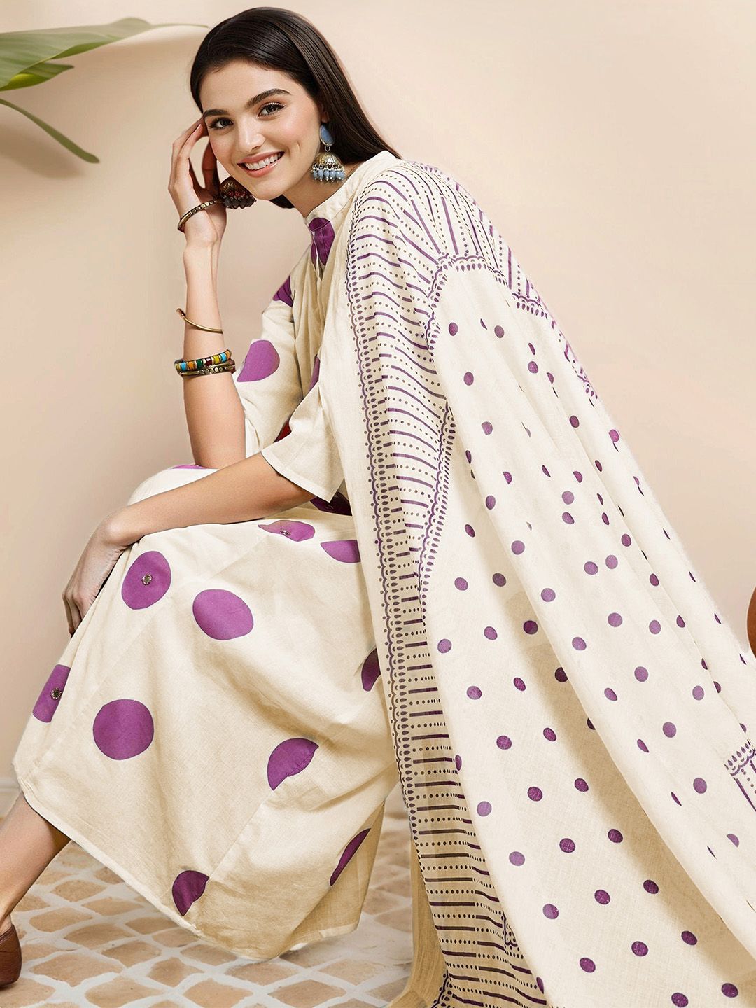 Soft Pure Cotton Lavender and off white Polka Dot Printed A-Line Kurta Set with Straight Bottom and Cotton Dupatta